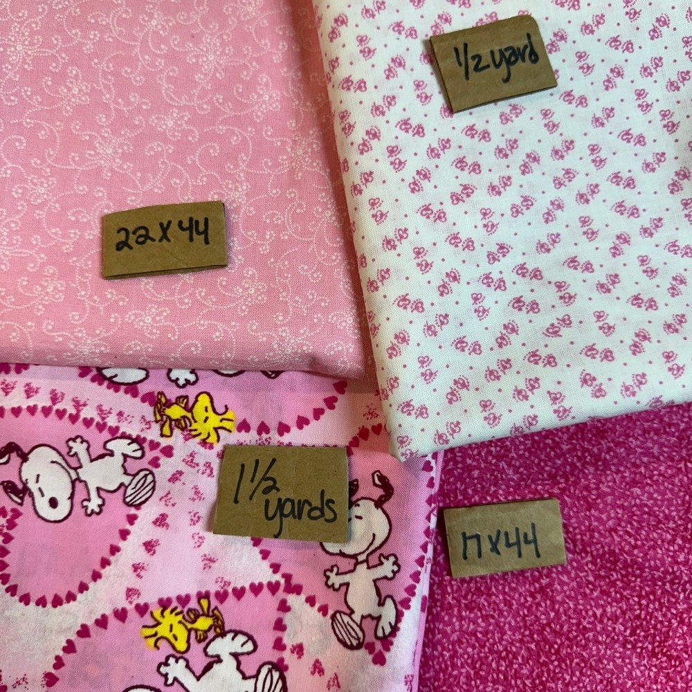 Pink Cotton Fabric Remnant Lot Snoopy Peanuts Hearts Floral Quilting 4 Pieces